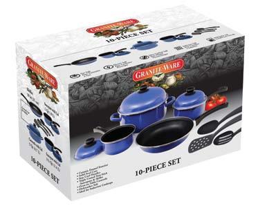 Gift Sets Includes 10 skillet, 1 qt saucepan with lid, 1½ qt saucepan with lid, 5 qt covered casserole and 3 nylon tools: spoon, slotted