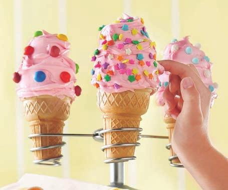 For each cone, frost top of regular cupcake with frosting; turn upside down onto a cone. Frost bottom (now the top) of cupcake.