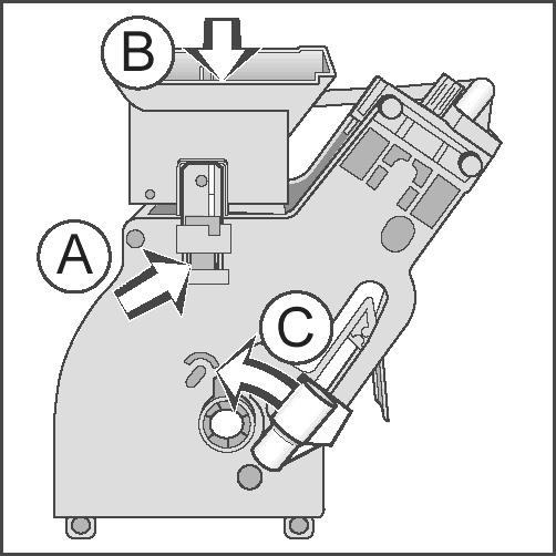 5.27 Brew Unit Manual Reset to Home Position (with brew unit not installed in appliance) Refer to figure 5-24. 1. Press on the latch A; and press the funnel down B. 2.