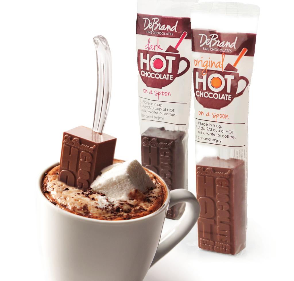 HOT CHOCOLATE on a spoon We have conveniently packaged two of our signature hot chocolate blends so customers can enjoy a gourmet hot chocolate anywhere.