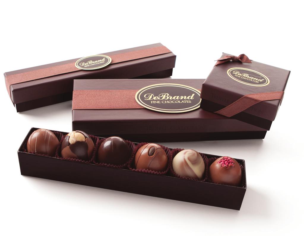 Truffle Collection Individually and artistically designed, these twelve variations of truffles are presented in a rich, handsome package with an elegant chocolate brown ribbon.