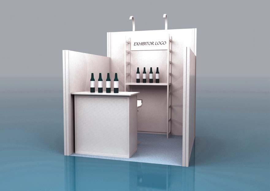 BUSINESS LEVEL $ 5000 2m x 2m stand Shell Scheme Identification sign with exhibitor s logo 1 counter with 2 stools Material Handling of 3 cases of wine (12 bottles each) from loading