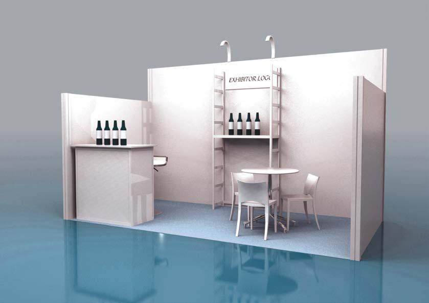 Identification sign with exhibitor s logo 1 counter with 2 stools 1 meeting table with 3 chairs Material Handling of 6 cases of wine (12 bottles each) from loading dock to stand
