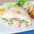 Bacon And Asparagus Stuffed Chicken Serves: 6 Prep time: 15 min. Cook time: 40 min 6 boneless, skinless chicken breasts, flattened ½ cup shredded mozzarella cheese 1 (8 ounce) pkg.
