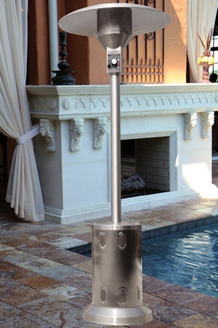 TM SUN TECH PATIO HEATERS The SUN TECH patio heater is made of polished stainless steel for durability. The 48,000 BTU LP unit will provide maximum heat distribution for your patio dining.