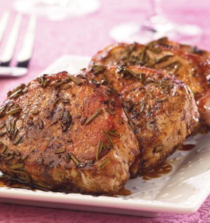 BALSAMIC PORK CHOPS WITH ROSEMARY Yield: 4 Servings (1 pork chop per serving) TOTAL TIME: 30 minutes 1 Tbsp. olive oil 4 Boneless Center-Cut Pork Chops (about 2 lb.), patted dry 2 tsp.