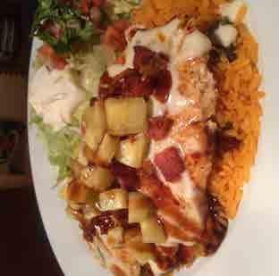 95 Pollo MAMI SPECIAL Grilled chicken strips sautéed with onions and peppers topped with cheese sauce Served with rice and a side of chicken chimichanga topped with guacamole CHORI-POLLO Grilled