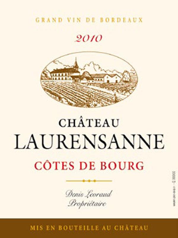 Château Laurensanne A.O.C. Cotes de Bourg, Bordeaux Varietals : 50% Merlot, 50% Cabernet Sauvignon. Tasting notes : Very forward, elegant and soft, with a rich mouthfeel and soft tannins.