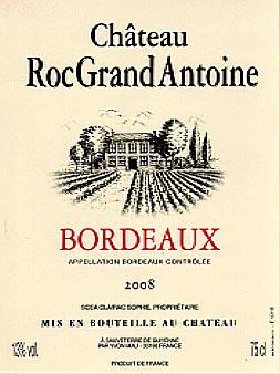 Chateau Roc Grand Antoine A.O.C. Bordeaux, Bordeaux Chateau Roc Grand Antoine - Made from 60% Merlot, 30% Cabernet Sauvignon and 10% Cabernet Franc this is a deep, intense crimson-purplish hue.