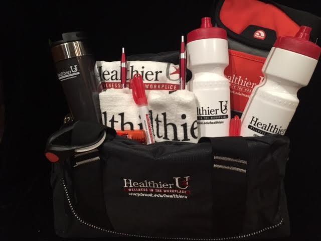 #16 Healthier U Donated by SBU Healthier U Wellness in the Workplace Gym Bag; T-Shirt size L; 14 Oz Hot drink Thermos;