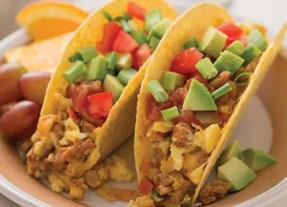 Tex-Mex Breakfast Tacos 8 ounces ground turkey breakfast sausage 2½ cups frozen potatoes O Brien 1-2 tablespoons Mom s Favorite Taco Seasoning 9 large eggs, beaten 1 cup shredded colby-jack cheese 10