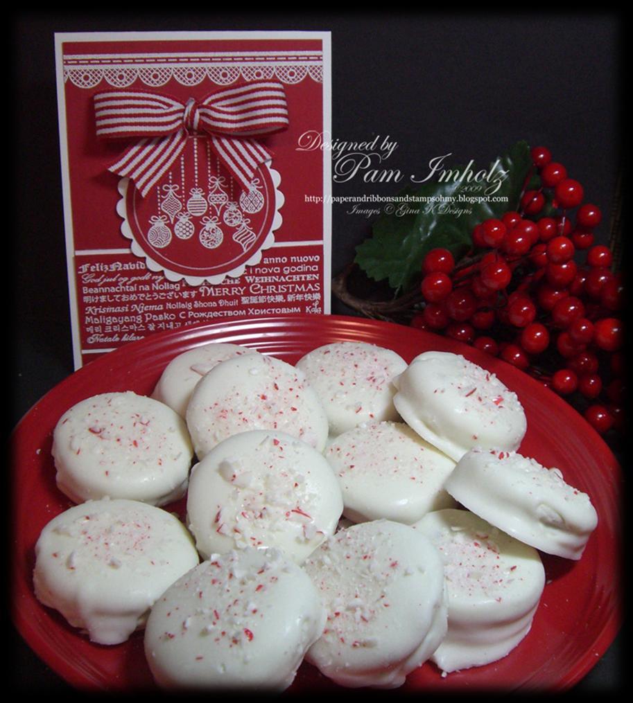 Candy Cane Oreos by Pam Imholz Ingredients: 1 bag Oreo cookies 1 lb. white melting chocolate (or almond bark) 1 candy cane crushed Directions: 1. Put the white chocolate in a glass bowl. 2.