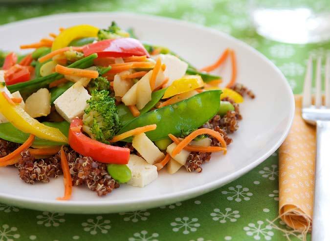Red Quinoa & Veggie Stir-Fry Our red quinoa and veggie stir-fry is packed with nutritious, crisp vegetables like red and yellow bell peppers, water chestnuts, snow pea pods and shredded carrots.