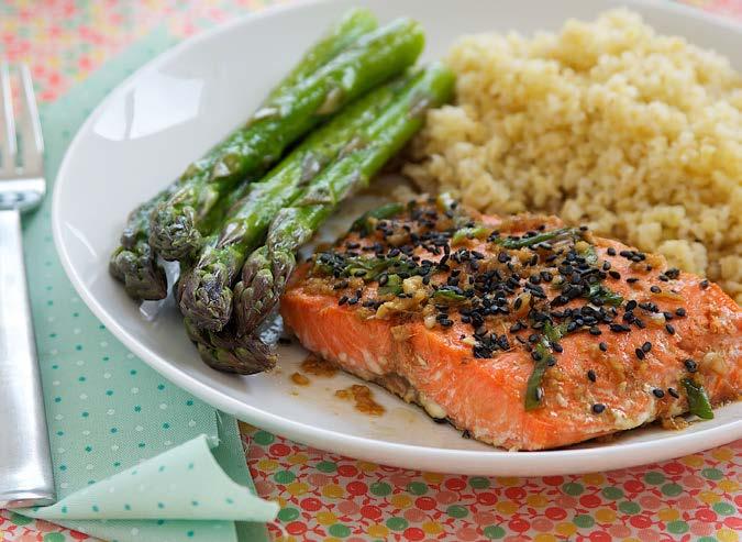 Ginger Sesame Salmon & Asparagus Our Asian-inspired recipe combines the flavors of ginger and sesame into a light sauce served over delicious (and healthy) grilled salmon, complemented by roasted