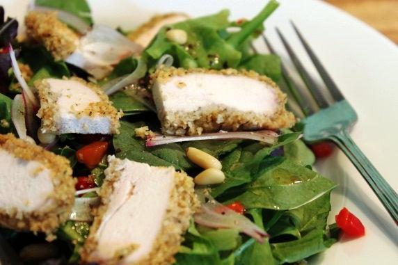 6 Oat Parmesan Chicken on Salad Greens This delicious oatmeal crusted baked chicken is so much healthier than the fried version served on many restaurant salads.