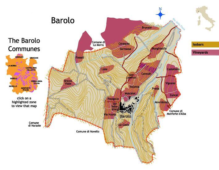 BAROLO (COMMUNE) The town of Barolo sits on protected plateau in a natural amphitheater of vineyards containing the famed Cannubi cru-cannubi was kown for its quality before the name Barolo was ever