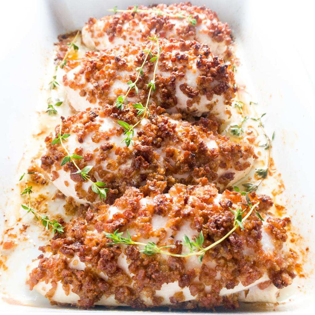 Bacon Crusted Chicken This paleo, low carb chicken breast recipe is coated with a crispy bacon crust.