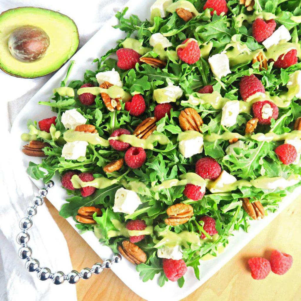 Raspberry Brie Salad This colorful low carb salad with creamy avocado dressing is ready in just five minutes.