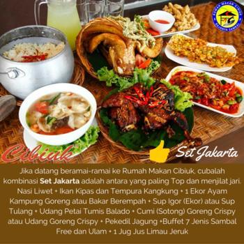 Set Jakarta ( chef rekomendasi ) Description Jika datang beramai-ramai ke Rumah Makan Cibiuk, cubalah kombinasi Set Jakarta adalah antara yang paling Top dan menjilat jari.