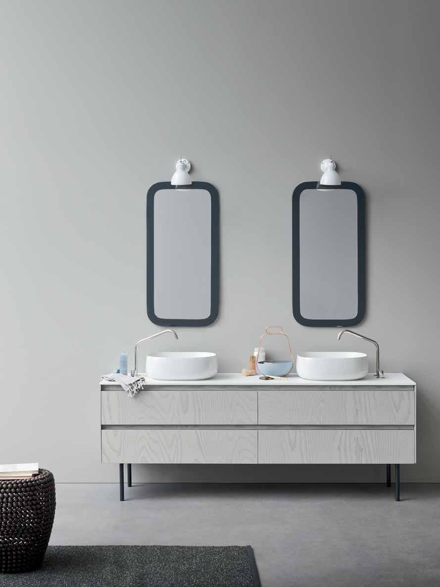 ,, Zoom P 430 :. Ash on lacquered metal easel, ceramic over counter basin, glass mirrors coloured Grigio, and glass lamps coloured Bianco: material creates sensations of harmony.