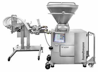 The filling product is pre-portioned by the VF 600 B portioning machine and fed to the FST 546 filling flow divider The servo-driven filling flow divider ensures extremely accurate rotor speeds, thus