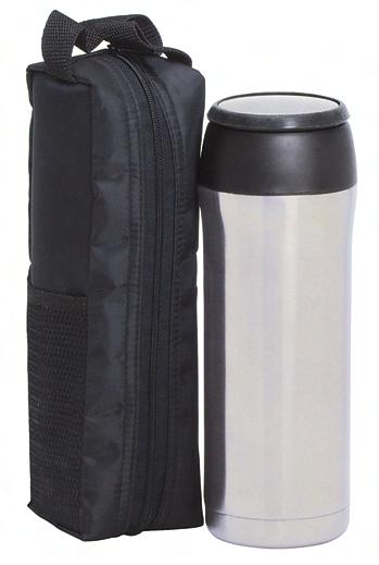 It comes complete with a handsome carrying case with two outer pockets. Mug is stainless steel. Cap is black. 2½ x 14 - side. 8 - wrap.