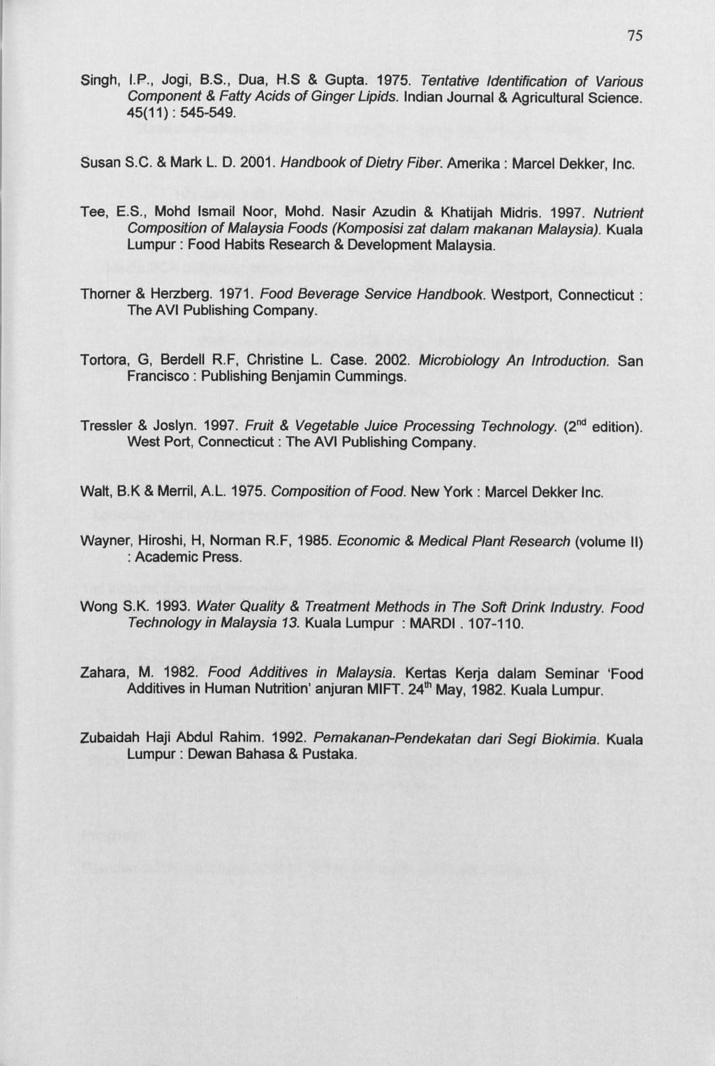 75 Singh, I. P., Jogi, B. S., Dua, H. S & Gupta. 1975. Tentative Identification of Various Component & Fatty Acids of Ginger Lipids. Indian Journal & Agricultural Science. 45(11) : 545-549. Susan S.