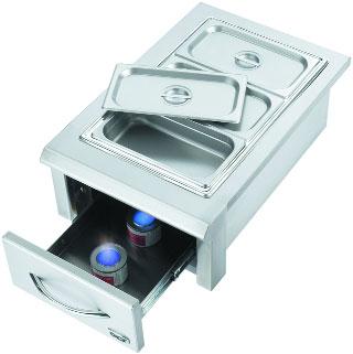 Stainless tray with (2) plastic condiment trays Includes single flow faucet and nickel plated brass drain Bar