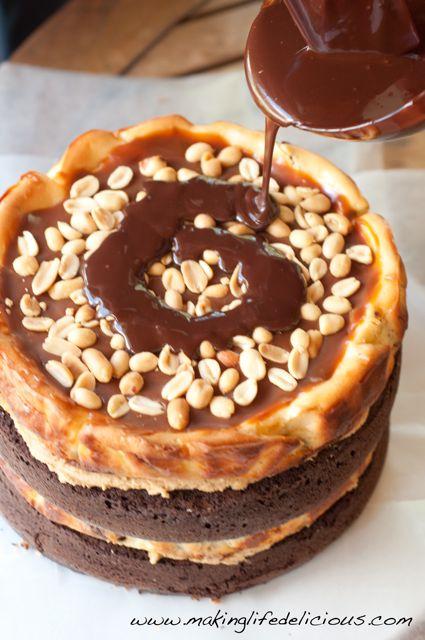 Chocolate Peanut Butter Cheesecake Caramel Layers 1 recipe caramel sauce 1 1/2 cups salted peanuts Peanut Butter Frosting This crazy delicious Chocolate Peanut Butter Cheesecake is six inches tall