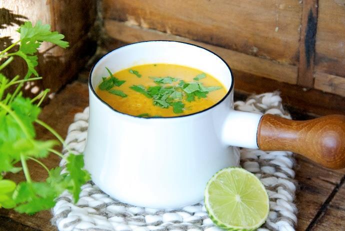 Curried Sweet Potato Soup [Serves 4]*** 1 tbsp. coconut oil 1 ½ piece of ginger, sliced and crushed 4 clove garlic, minced Zest and juice of one lime 2 tsp.