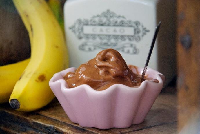 Chocolate Banana Fro-Yo [Serves 2]* 2 frozen bananas 3 tbsp. raw cacao powder 1 tbsp. raw almond butter ¼ cup unsweetened almond milk 1 tbsp. chia seeds (sprinkle on top) 1 tbsp.