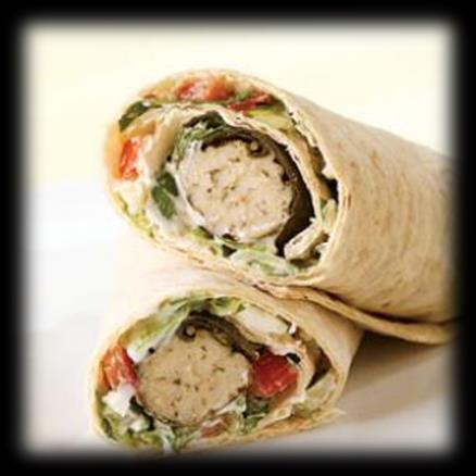 Chicken Wrap Ingredients (yields 1 serving) 1 6-oz. boneless skinless chicken breast ½ cup shredded romaine lettuce ¼ cup chopped cucumber ¼ cup chopped tomato ¼ cup low-fat plain Greek yogurt 1 Tbsp.