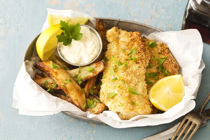 MAIN ENTREES Fish and Chips 1 russet potato, peeled and cut into wedges 1 tablespoon vegetable oil 1 teaspoon kosher salt 1/4 cup all-purpose flour 1 egg 1 tablespoon water 3/4 cup Panko bread crumbs