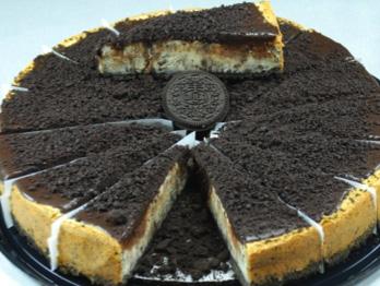 Oreo Cheesecake Plain cheesecake packed with chunks of Oreo cookies on a chocolate graham crust,