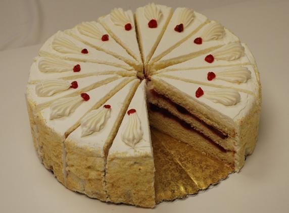 Strawberry Torte This scrumptious dessert is made with moist yellow cake, filled with strawberry filling, finished with a blend of