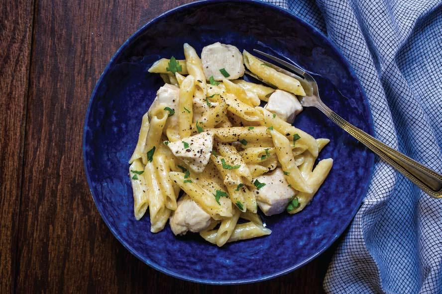 YIELD 4 SERVINGS PREP TIME 5 MINUTES COOKING TIME 5 MINUTES TOTAL TIME 10 MINUTES 1 LB CHICKEN BREAST, DICED 2 CUPS PENNE PASTA 4 TABLESPOONS BUTTER 1 2 CUP HEAVY CREAM 1 CUP GRATED PARMESAN Add the