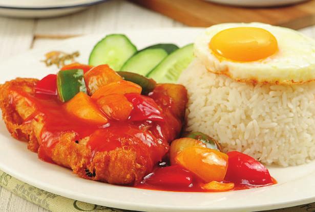 chicken in sweet and spicy kung po sauce served with fried egg and white rice Deep fried fish fillet with homemade
