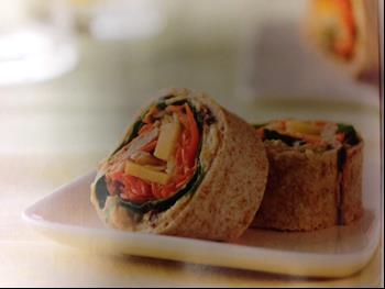 Hummus and Vegetable Pinwheels Source: The Cancer Fighting Kitchen by Rebecca Katz (serves: 4) These wraps are a quick and healthy snack or light meal.
