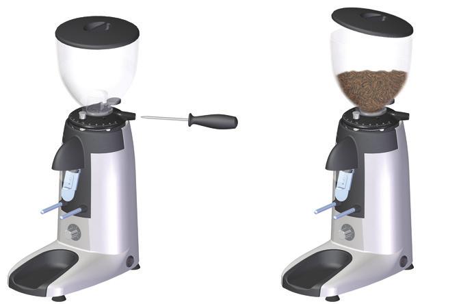 8. REGULATION 8.1. Grinder set up Place the hopper ( ) on the grind regulator ( ) and make sure the bean trap ( ) is in the closed position.