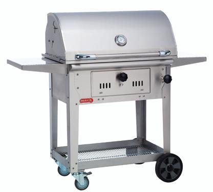 Bison Cart Features 16 Gauge, 304 Stainless Steel Construction Fully adjustable Charcoal holding bins Manual Charcoal Elevation adjustment Single Piece Dual Lined hood Stainless Steel