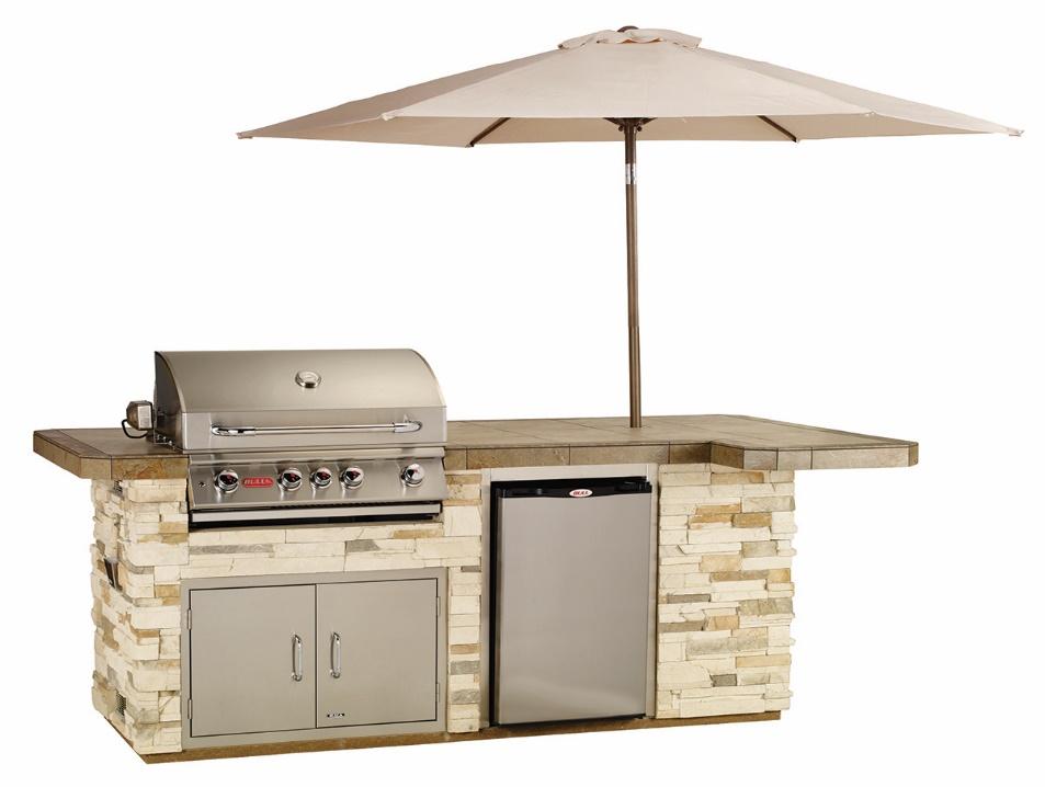 BBQ Standard Features Angus 4 Burner Grill Stucco Base - Tile Counter 43 wide top Stainless Steel Refrigerator -Horizontal S/S Access Door Stainless Steel Sink and Faucet GFCI Outlet Item # 31014