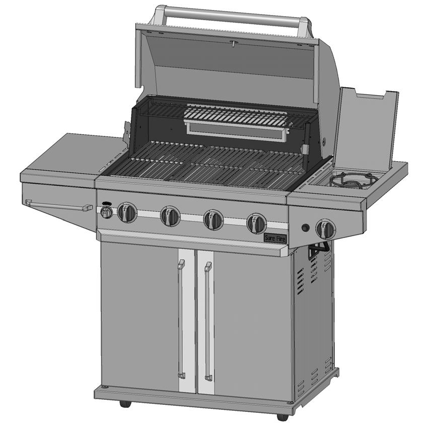 Grill Features 1 7 2 8 3 9 4 10 11 5 12 6 13 1. Roll top grill hood 2. Grilling/cooking surface 3. Side shelf 4. Towel bar 5. Control knob: Rear infrared burner 6. Control knobs: Main burners 7.