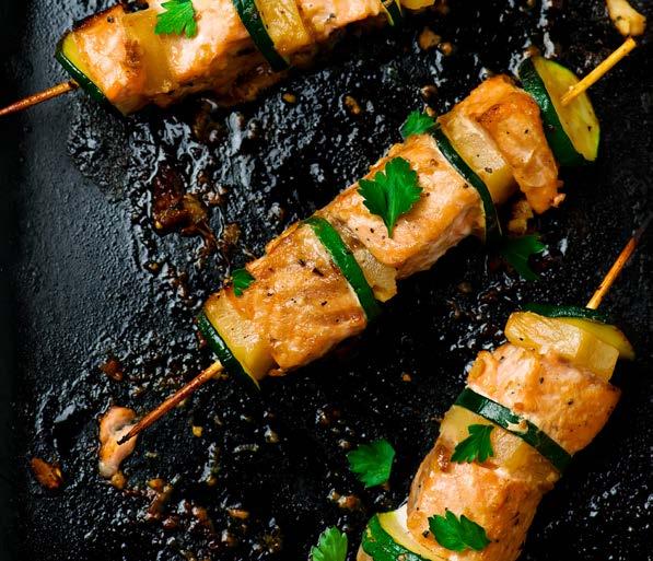 Salmon Skewers with Lemon, Zucchini and Parsley 600g skinless salmon fillets, cut into 3cm cubes 2 zucchinis, sliced ¼ cup lemon