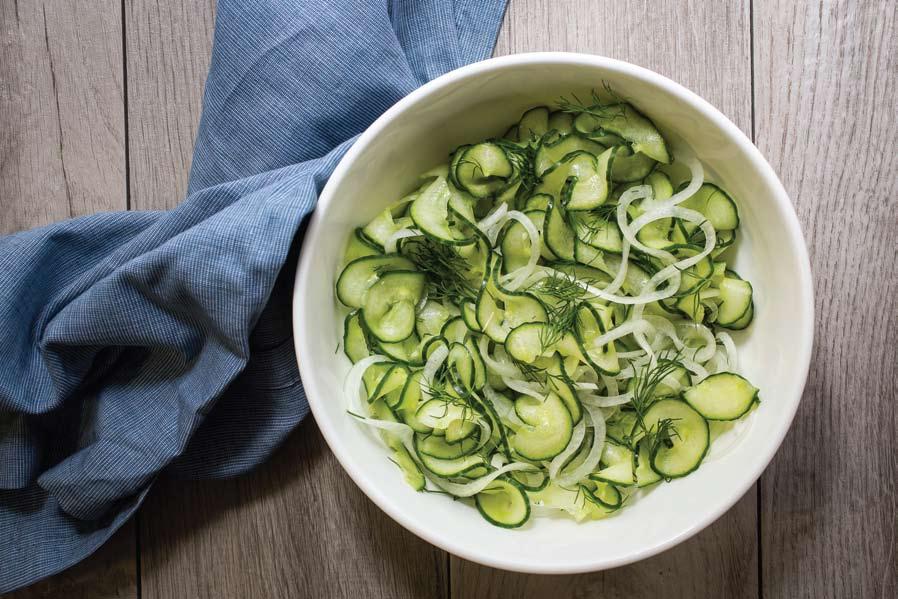 YIELD 4 SERVINGS PREP TIME 5 MINUTES COOKING TIME 5 MINUTES TOTAL TIME 10 MINUTES 1 LARGE ENGLISH CUCUMBER, ENDS TRIMMED 1 SMALL YELLOW ONION 2 TABLESPOONS CHOPPED FRESH DILL 3 TABLESPOONS WHITE WINE