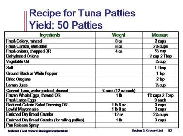 Section 3 Food Purchasing for Child Care Centers p. 22 Activity 1 (cont.) Show slide 81 and state that the next item on the menu for children for Day 5 is a tuna patty. This item requires a recipe.