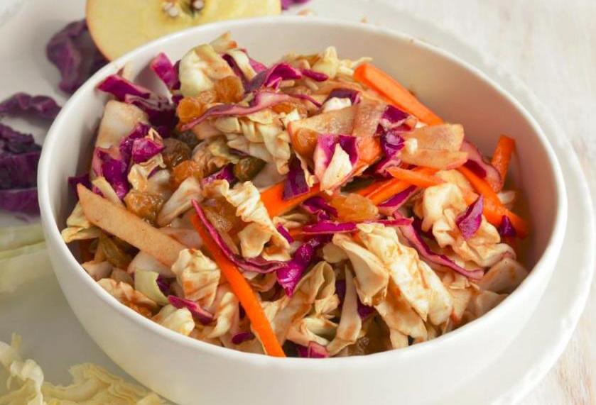 Sweet and Savory Coleslaw Makes 8 servings Prep Time: 5 minutes 4 cups green cabbage, shredded 2 cups purple cabbage, shredded ½ cup carrots, cut into matchsticks apple, thinly sliced ½ cup sliced