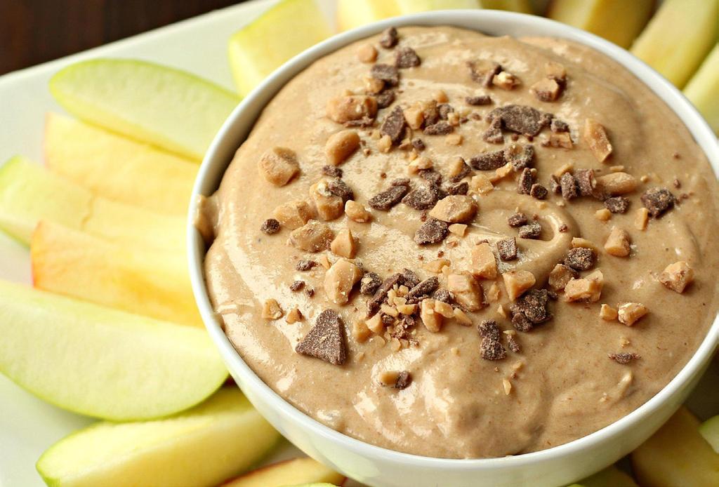 Creamy Caramel Toffee Dip Makes 5 servings Prep Time: 5 minutes 4 ounces cream cheese 3 Tablespoons brown sugar ½ cup MUSSELMAN S Apple Butter ¼ cup caramel sauce ½ cup powdered sugar 2 Tablespoons