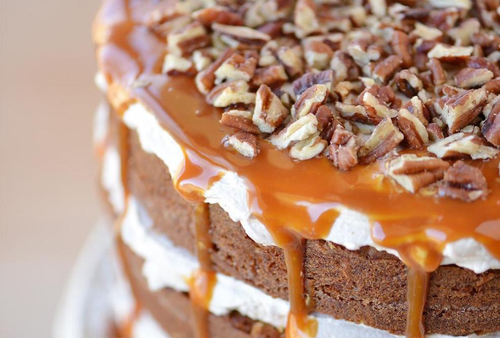 Caramel Pecan Carrot Cake Makes 2 servings Prep Time: hr Cook Time: 40 minutes ½ cup butter, softened 2 ½ cups sugar 5 eggs ¾ cup MUSSELMAN S Apple Butter ¼ cup vegetable oil ½ cup sour cream 3 ½