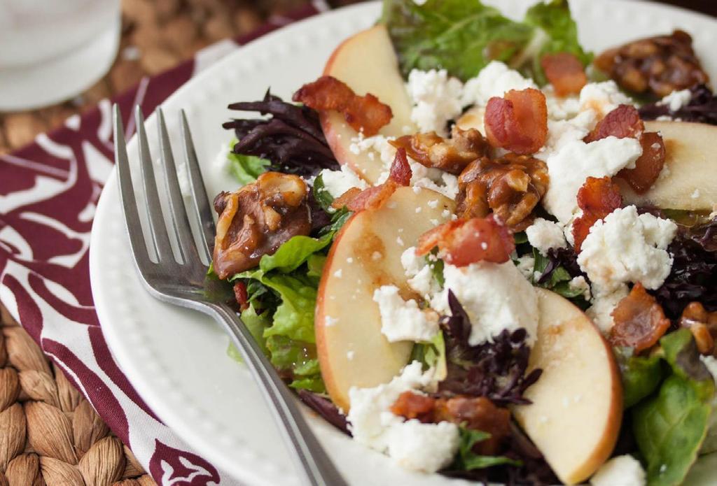 Apple, Bacon and Goat Cheese Salad Makes 4 servings Prep Time: 5 minutes Cook Time: 0 Minutes Candied Walnuts ¼ cup sugar Tablespoon butter ¼ teaspoon cinnamon cup walnuts, halves or large pieces
