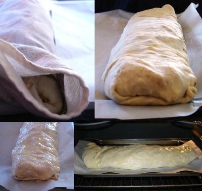 Placing the strudel on the baking sheet. Photo Credit: J.McGavin Put a sheet of parchment on your baking sheet. Place the baking sheet up close to the strudel (slide it underneath the cloth).